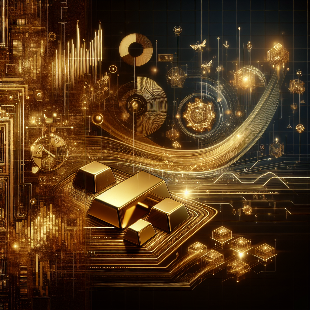 A futuristic illustration depicting advanced algorithmic trading concepts blended with gold investment themes, featuring sleek golden tones and high-tech elements.