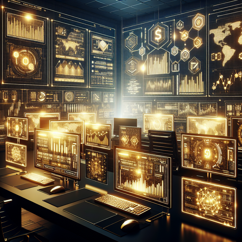 An illustration showcasing various algorithmic trading platforms for gold, represented with sleek golden hues and high-tech features, including graphs, charts, and devices.