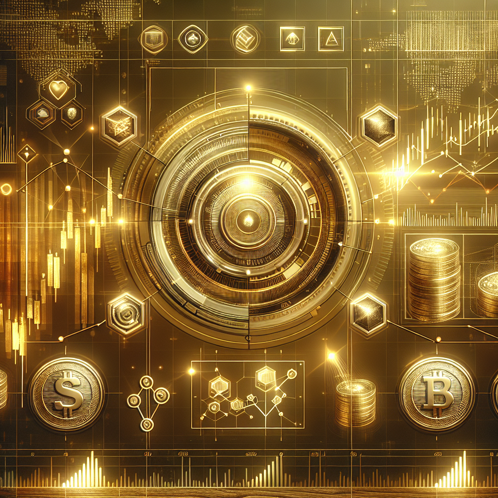 A sleek illustration featuring a futuristic trading interface with gold accents, showing momentum trading charts, stock symbols, and gold coins, set against a high-tech background.