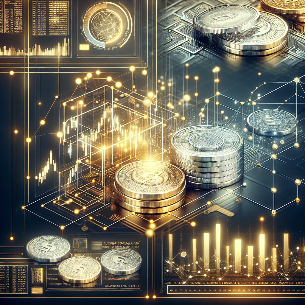 A sleek illustration depicting advanced silver algorithmic trading techniques, featuring digital charts and graphs, intricate computer code, and precious silver coins, all in a golden-hued, high-tech aesthetic.