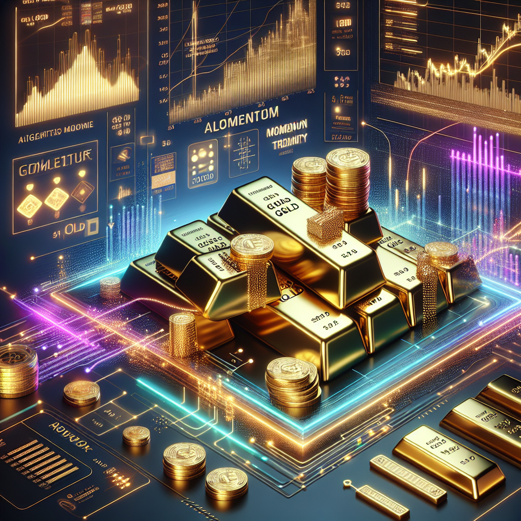 A high-tech illustration depicting algorithmic momentum trading in gold, featuring dynamic trends and shiny gold elements intertwined with digital graphs and charts.