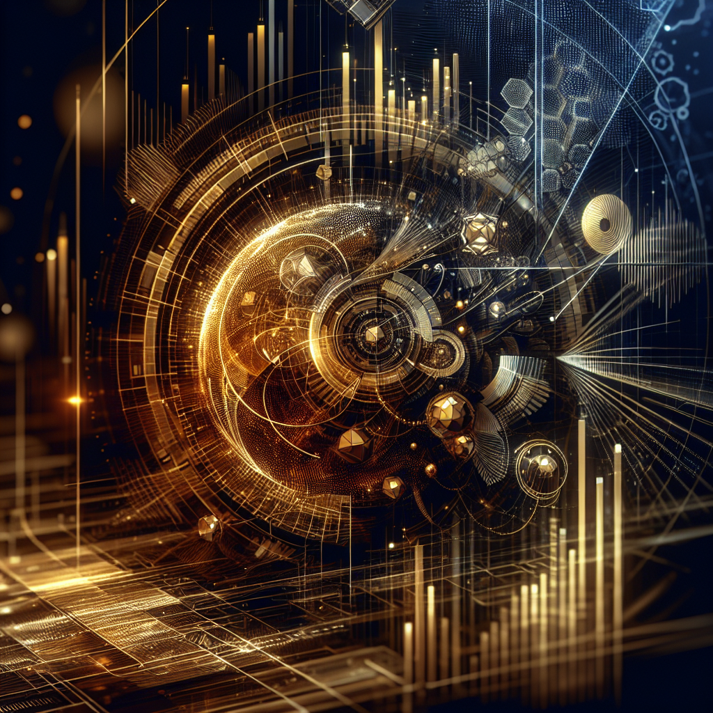 A sleek and modern illustration depicting an abstract representation of algorithmic trading in precious metals, featuring gold and silver elements intertwined with digital patterns and data visualizations.