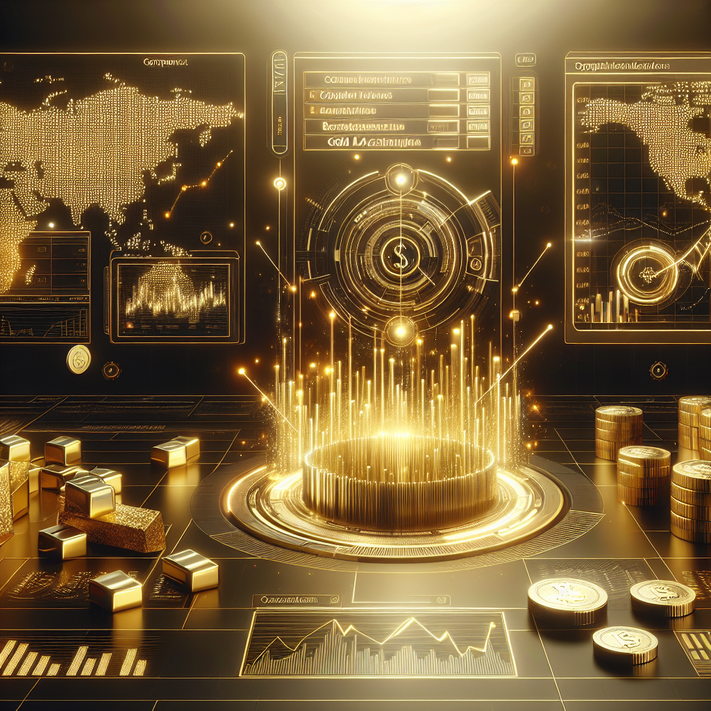 A high-tech illustration showcasing various backtesting tools for gold trading algorithms, featuring sleek interfaces, gold accents, and analytical graphs over a shimmering gold background.