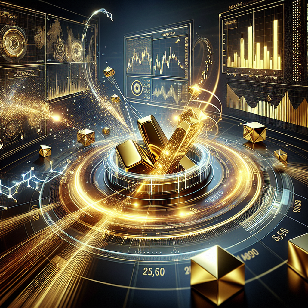 A futuristic digital illustration showcasing a sleek golden interface with flowing data streams and intricate algorithms, symbolizing custom gold trading strategies.