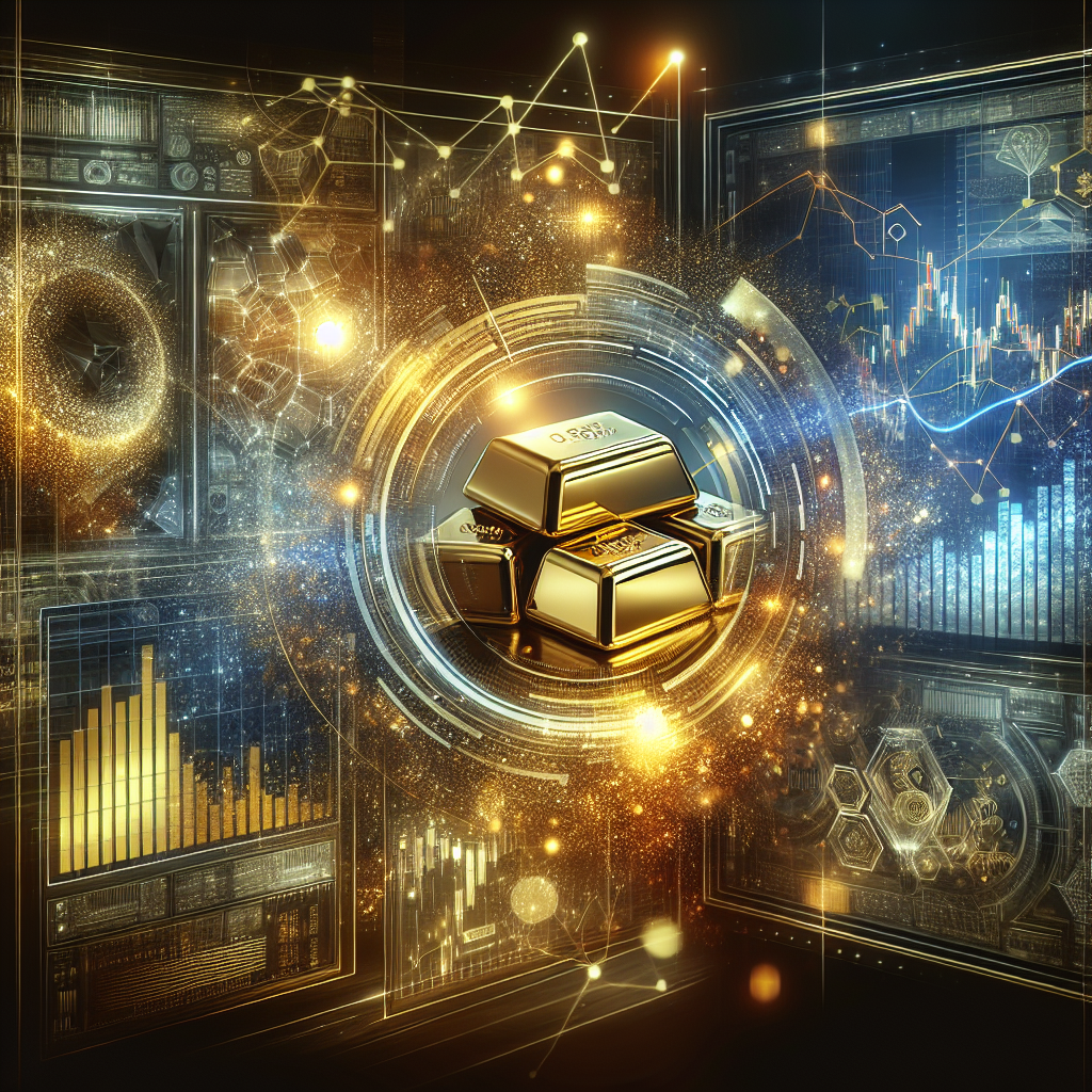 A sleek and futuristic illustration depicting the concept of algorithmic trading in precious metals, with golden accents highlighting graphs, trading screens, and metallic elements.