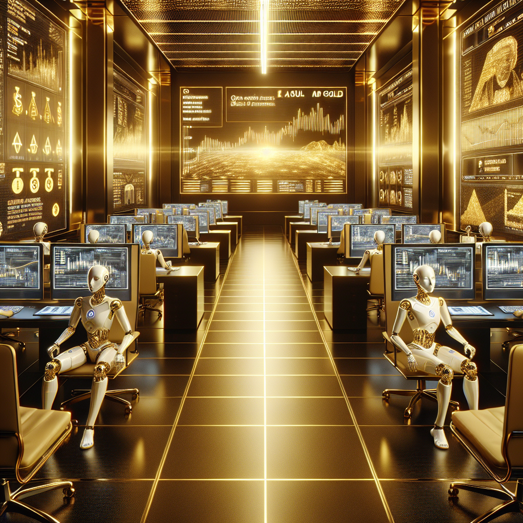 A futuristic gold trading environment showcasing advanced automation technologies, featuring sleek interfaces, robotic assistants, and digital currency symbols in a luxurious setting.