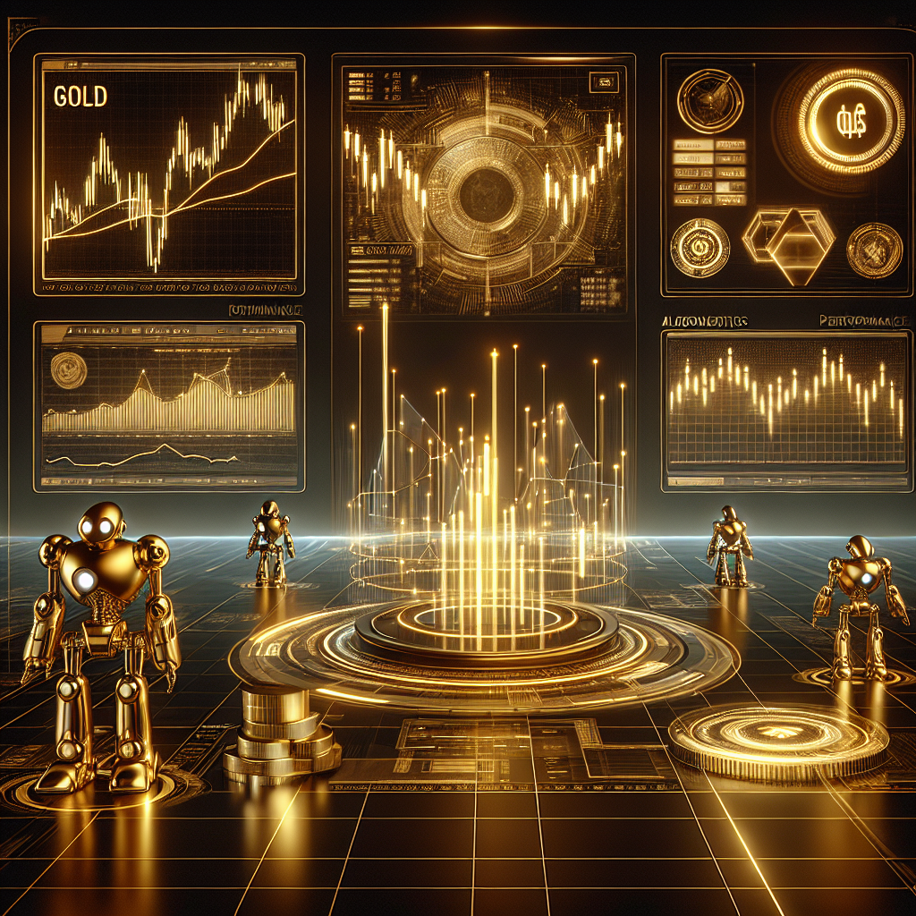 A sleek, high-tech illustration depicting a futuristic trading platform displaying gold trading strategies on a digital interface, with golden accents and charts, surrounded by data analytics and algorithms.