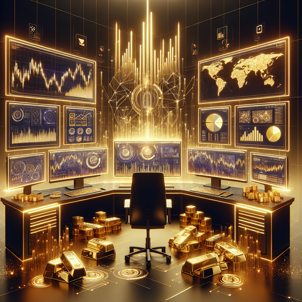 A sleek, golden-hued illustration depicting a futuristic algorithmic trading setup with charts and gold bars, symbolizing backtesting gold trading strategies for algo traders.