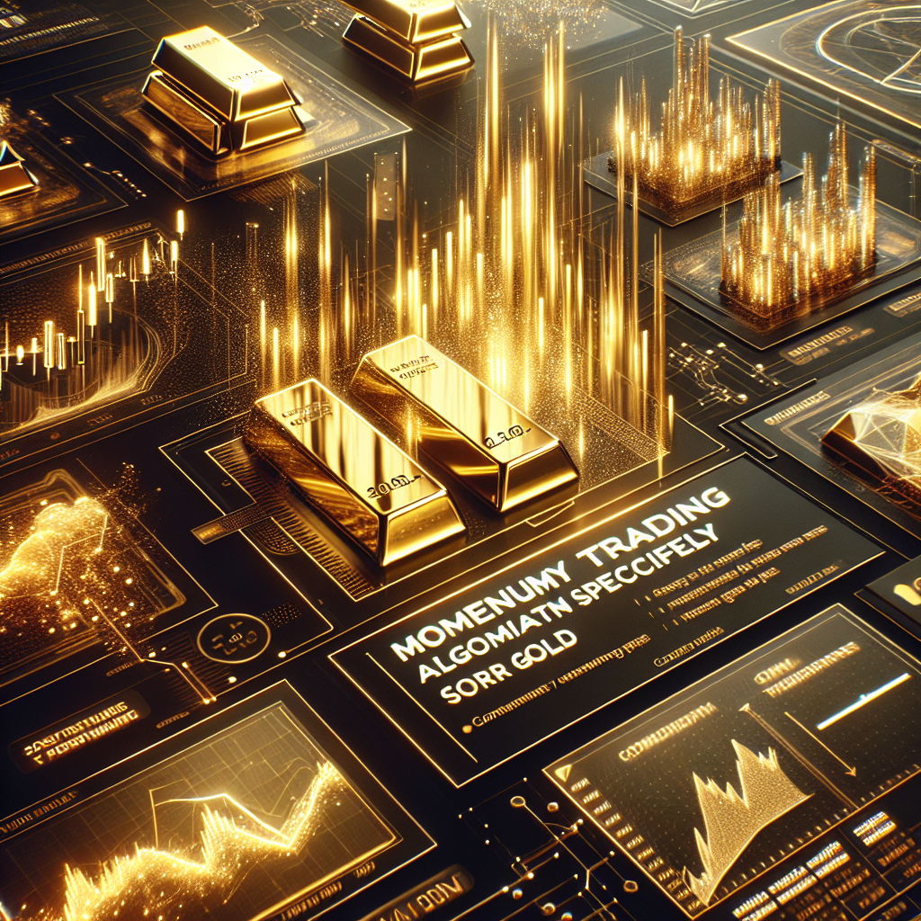 A sleek, golden-hued illustration depicting the components of a momentum trading algorithm for gold, showcasing high-tech elements such as code snippets, gold bars, and stock market graphs.