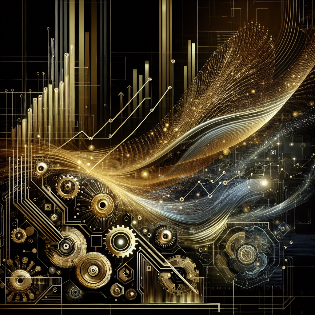 An abstract illustration of advanced gold trading algorithms represented by sleek, golden circuitry and data graphs, infused with high-tech aesthetics, showing interconnected lines and symbols of efficiency and optimization.