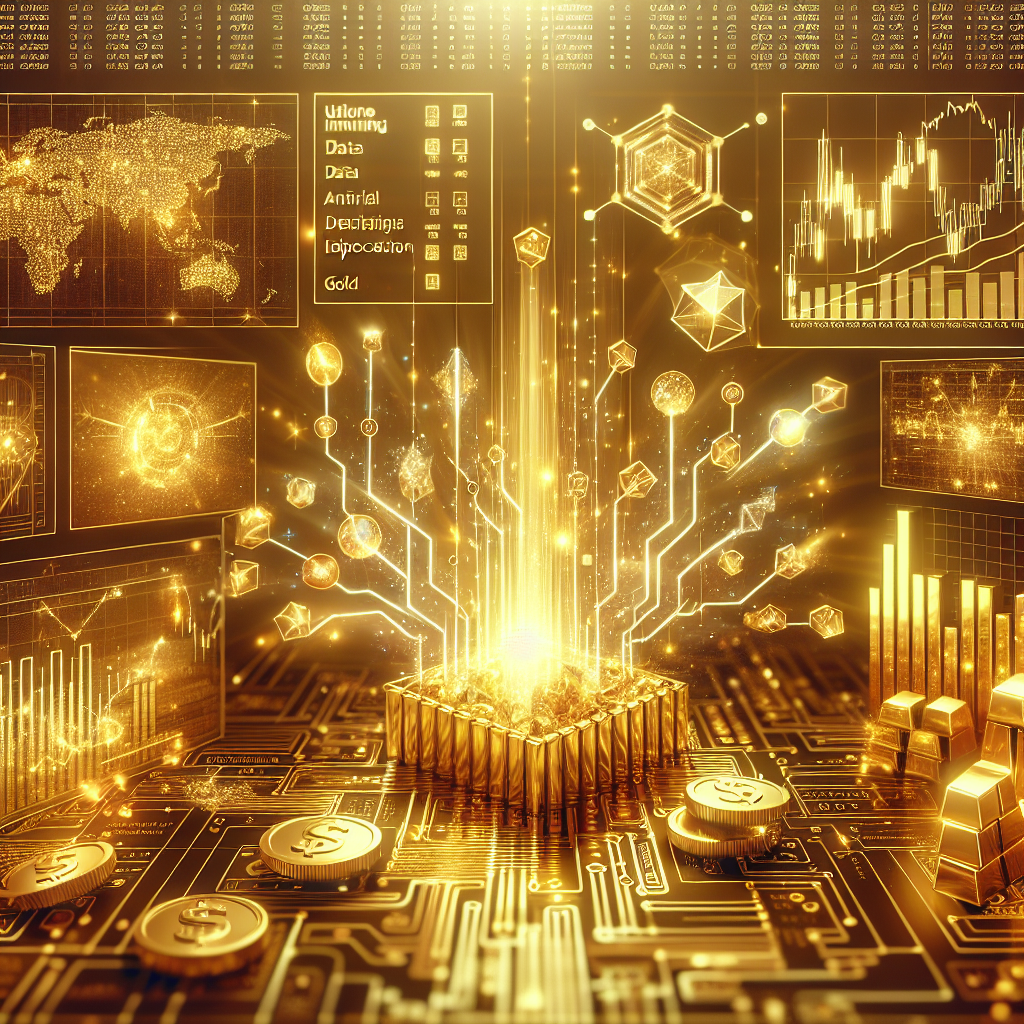 A sleek and sophisticated illustration depicting a futuristic trading interface with gold accents, showcasing machine learning algorithms for gold trading with charts, data visualizations, and AI elements.