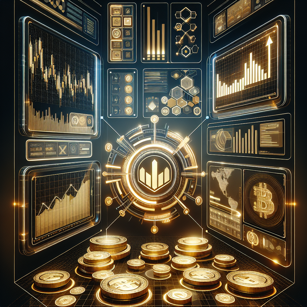 A high-tech illustration depicting a futuristic trading algorithm interface, intertwined with golden elements symbolizing gold trading, showcasing backtesting data charts and algorithms in a sleek design.