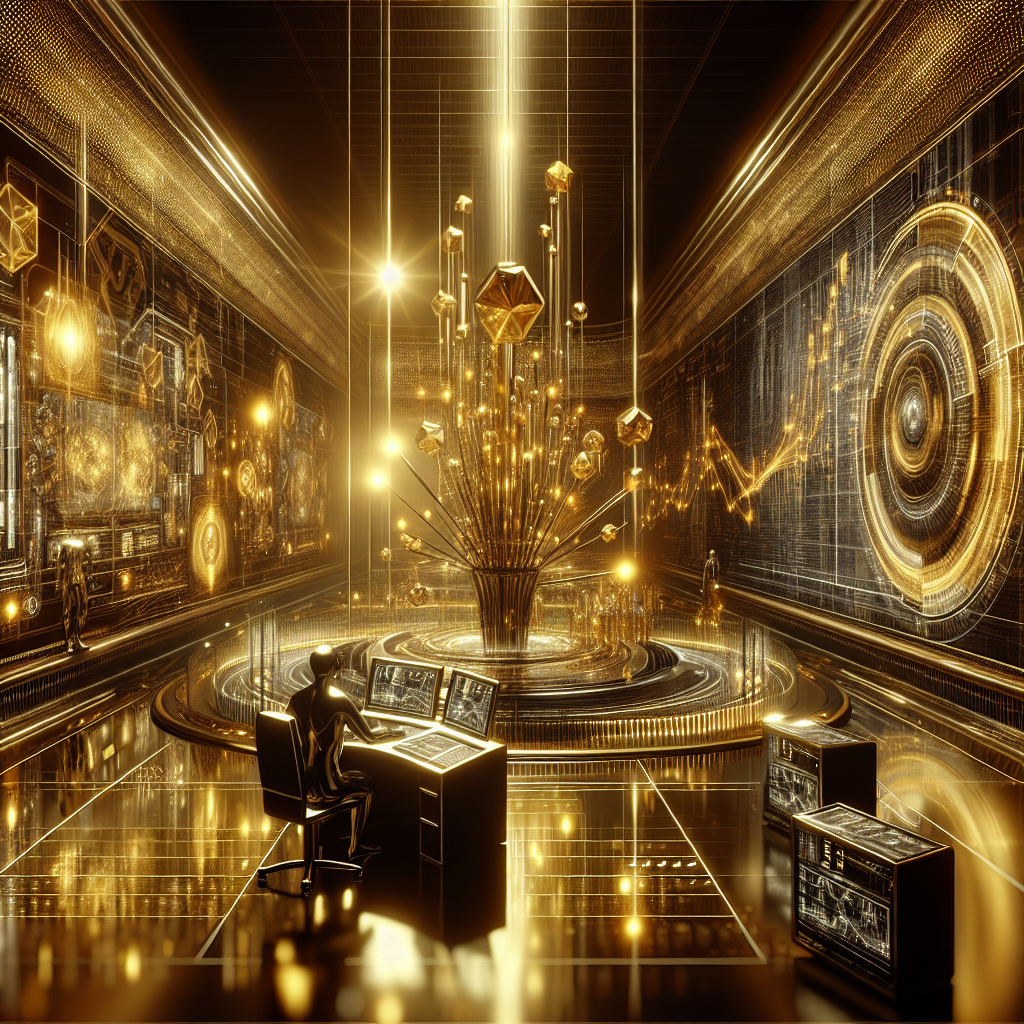 A sleek, golden-hued illustration depicting a futuristic trading environment for precious metals, featuring advanced algorithms visualized with digital graphs and automated trading systems in a high-tech setting.