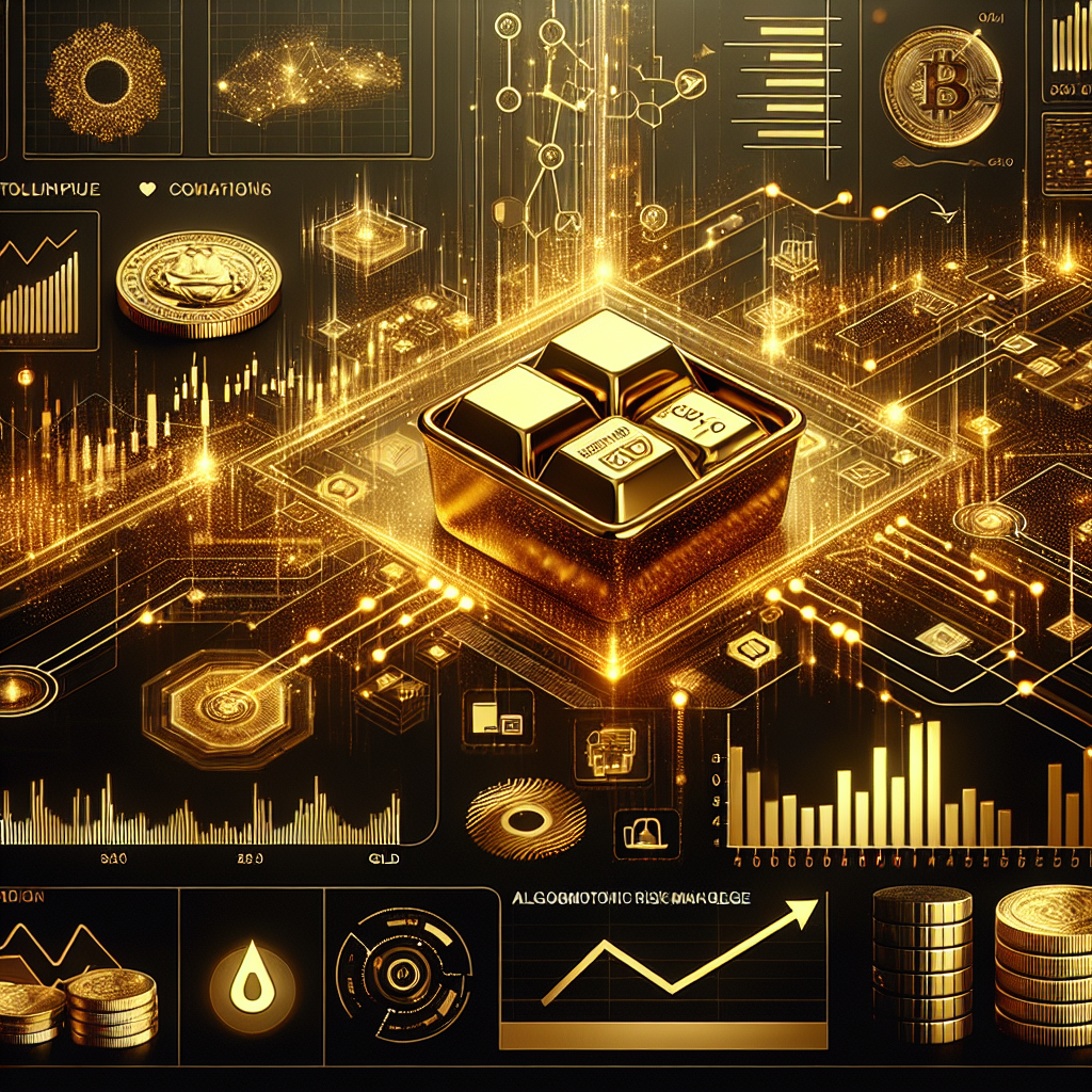 A sleek illustration showcasing the interaction of algorithms with gold trading, featuring golden hues, high-tech aesthetics, and visual representations of risk management strategies.