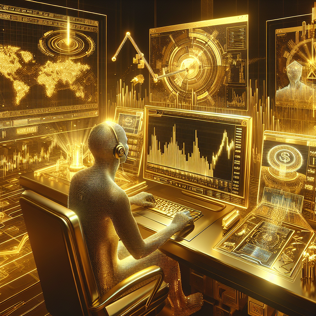 A high-tech illustration depicting gold algo trading, with sleek golden hues and futuristic elements. It features a trader analyzing data on a digital interface with gold charts and algorithms, surrounded by sophisticated trading tools.