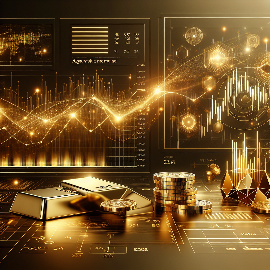 A futuristic illustration depicting algorithmic momentum trading in gold markets, featuring sleek golden tones and high-tech elements like charts, digital screens, and abstract representations of algorithms, with a backdrop of gold coins and bars.