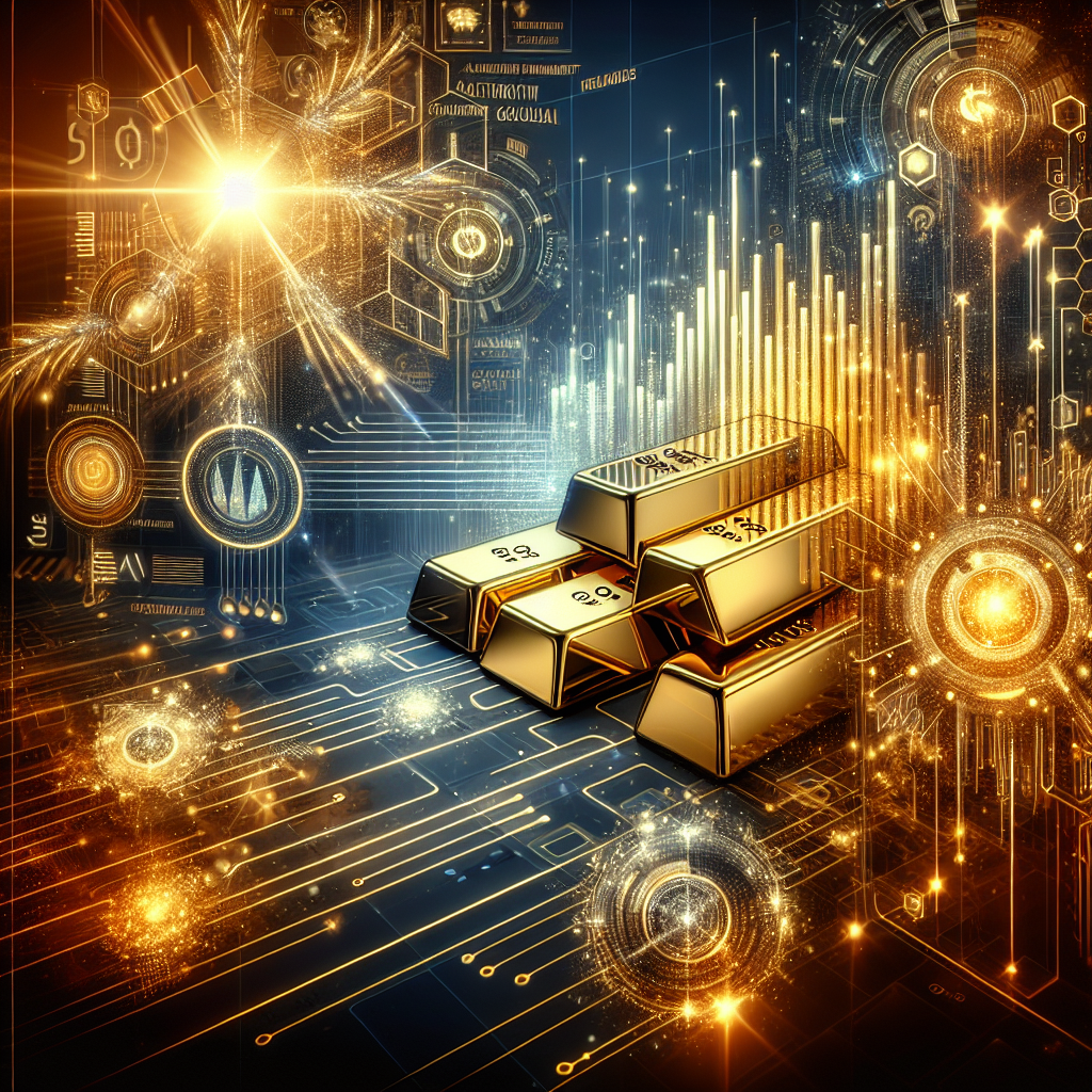 A sleek, golden-hued illustration depicting an abstract representation of algorithmic risk management in gold trading, featuring gold bars, digital charts, and high-tech elements intertwined in a dynamic layout.