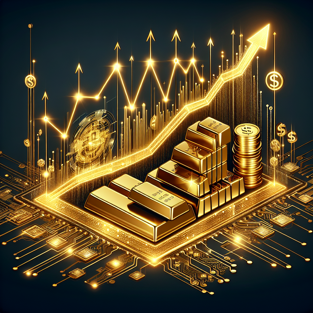 A futuristic illustration depicting trend-following algorithms at work in the context of gold investment, featuring golden hues and sleek, high-tech design elements.