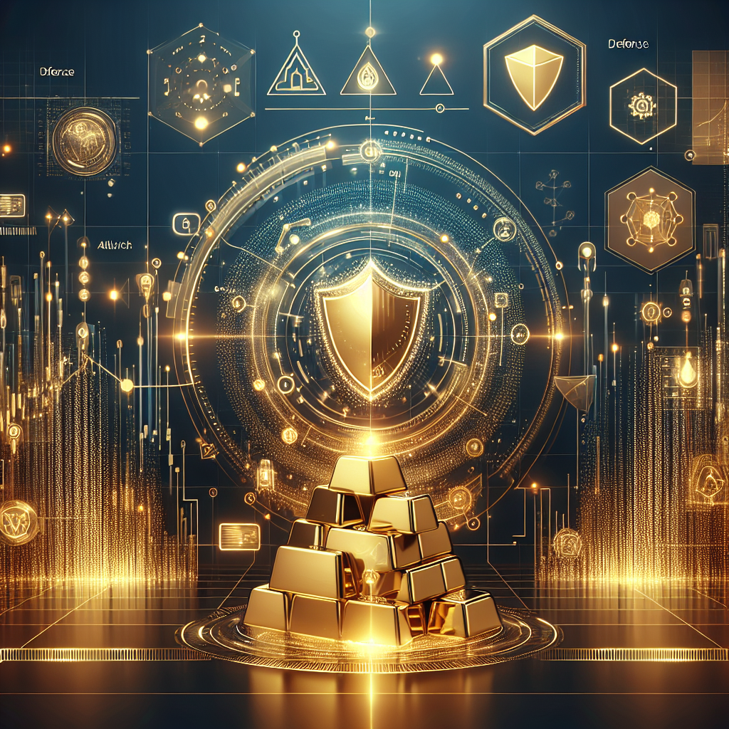 A visually striking illustration depicting advanced algorithmic risk management strategies for gold trading, featuring sleek golden elements and high-tech designs.