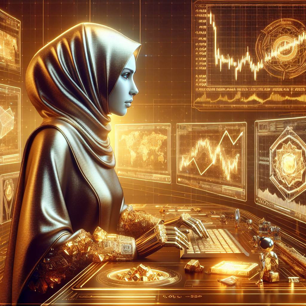 An elegant illustration representing algorithmic risk management techniques for gold traders, featuring sleek golden tones and high-tech elements.