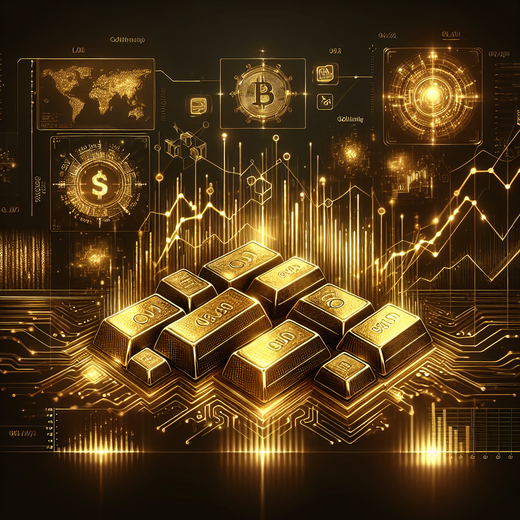 A sleek, golden-hued illustration depicting futuristic algorithms and financial charts intertwined with gold bars and coins, symbolizing risk management techniques in gold trading.