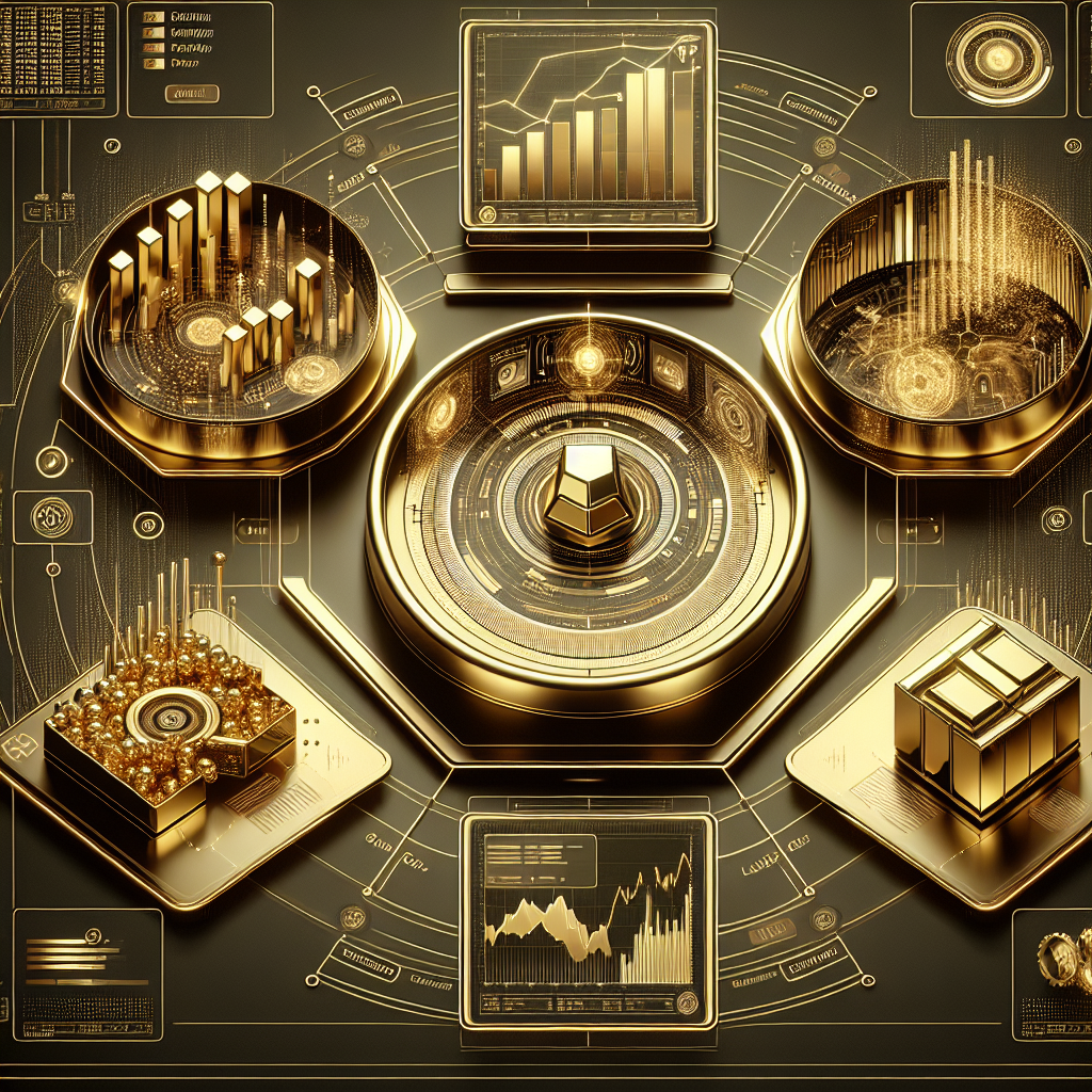 A visually striking illustration showcasing five futuristic backtesting platforms for gold trading, featuring sleek golden graphics and high-tech design elements.