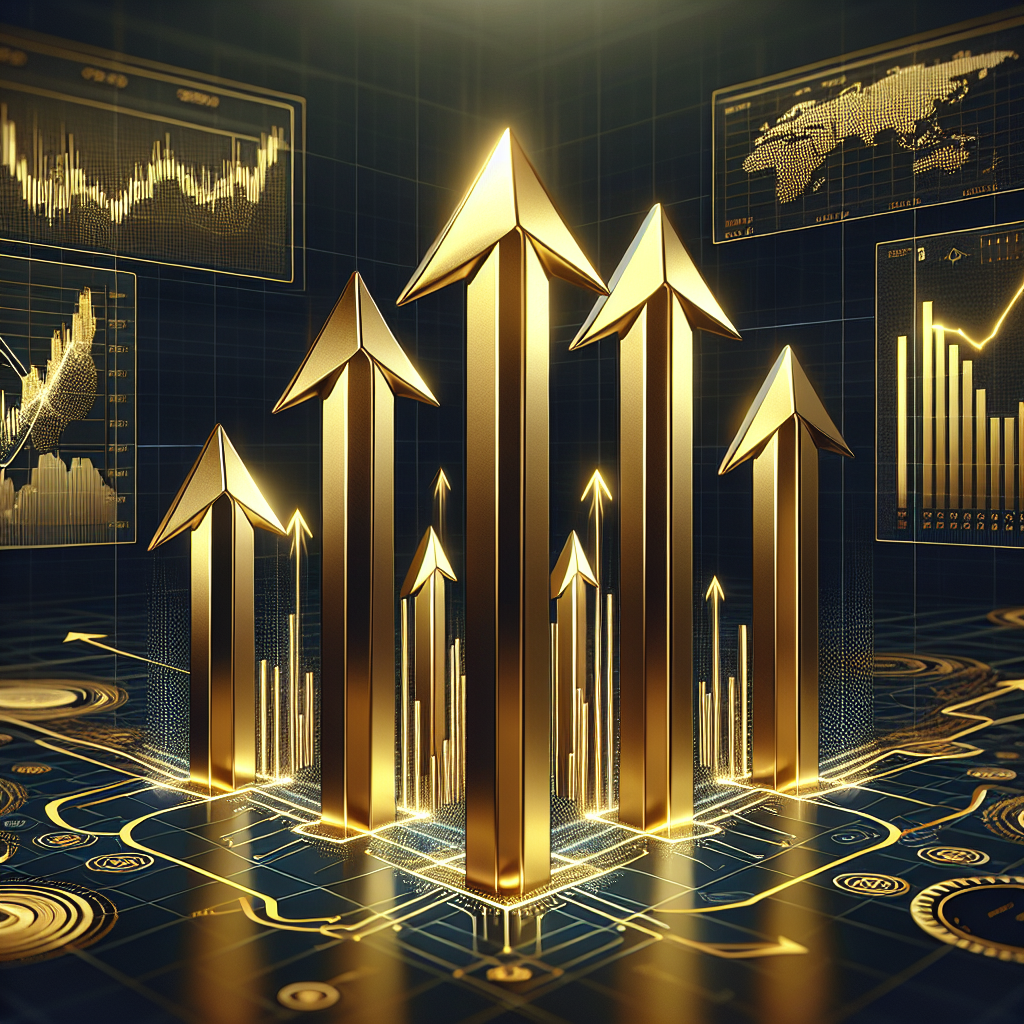 A sleek illustration featuring five trend-following algorithms represented as elegant, golden arrows moving upward, overlaid on a high-tech digital landscape with charts and graphs indicative of gold trading performance.