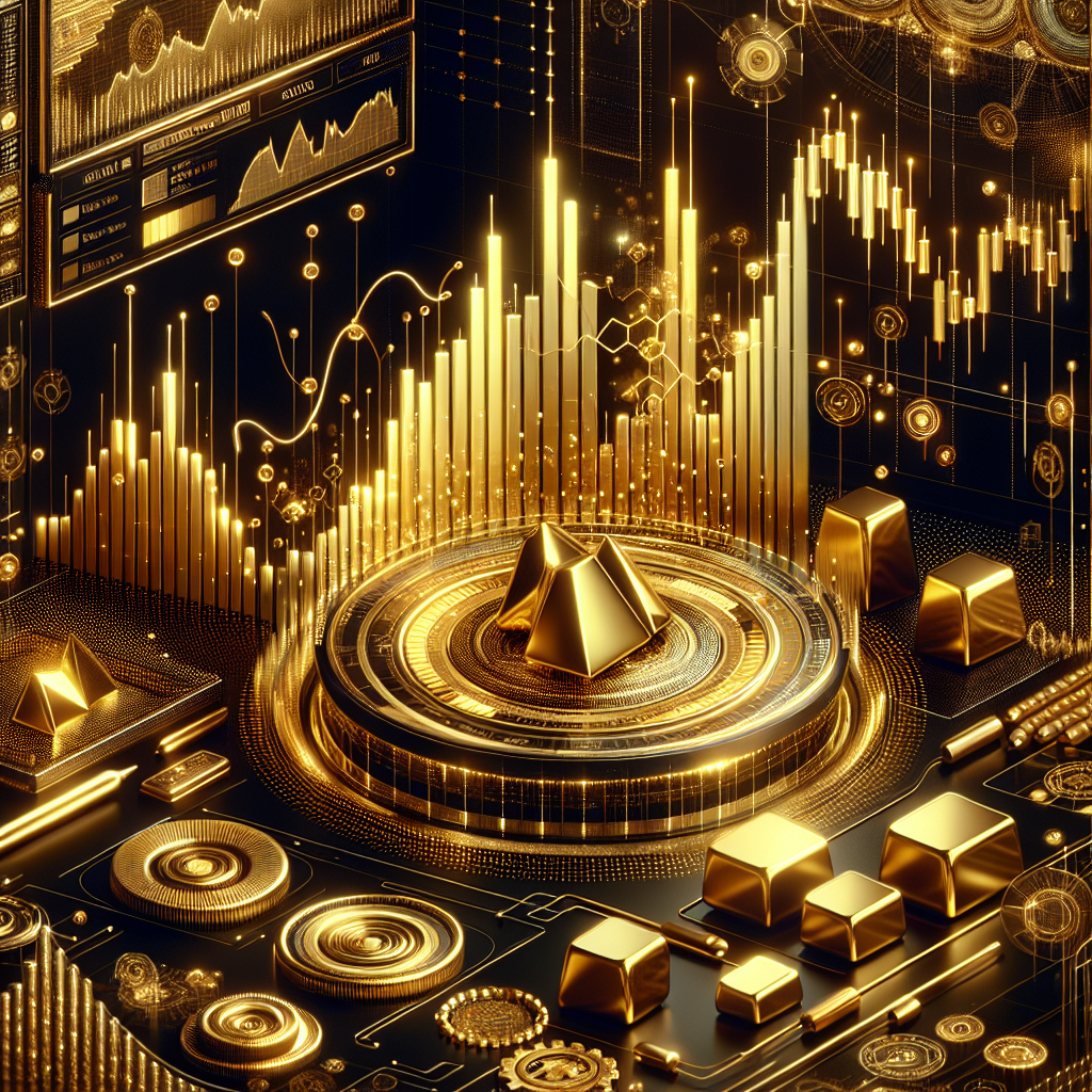 An elegant, futuristic illustration showcasing trend-following algorithms analyzing gold price movements, featuring sleek golden accents and high-tech design elements.