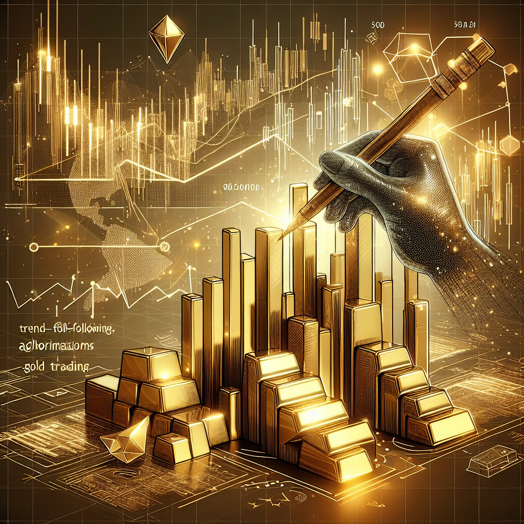 A sleek, golden-hued illustration depicting trend-following algorithms for gold trading, featuring high-tech elements such as data graphs, shimmering gold bars, and dynamic charts seamlessly blending into a futuristic trading environment.